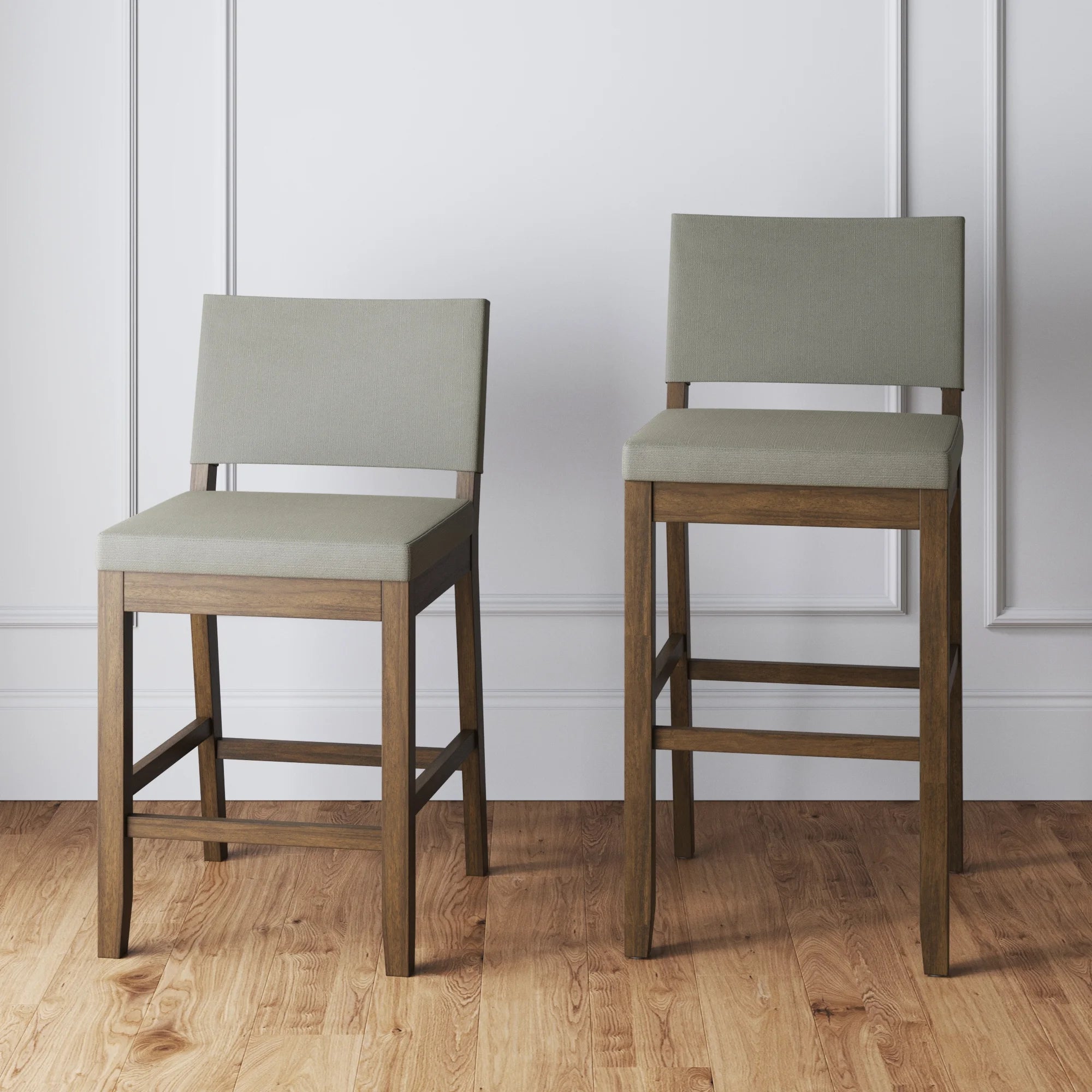 Light Gray Upholstered Bar Stool with Back and Solid Rubberwood Legs T777