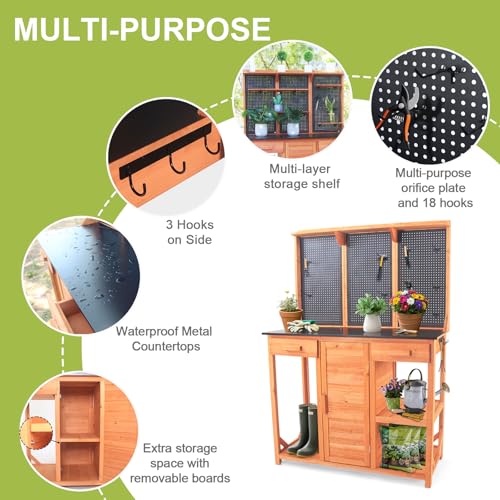 Wooden Potting Bench with Storage Drawer, Cabinet, Metal Pegboard, Adjustable Hooks and Shelves R807071