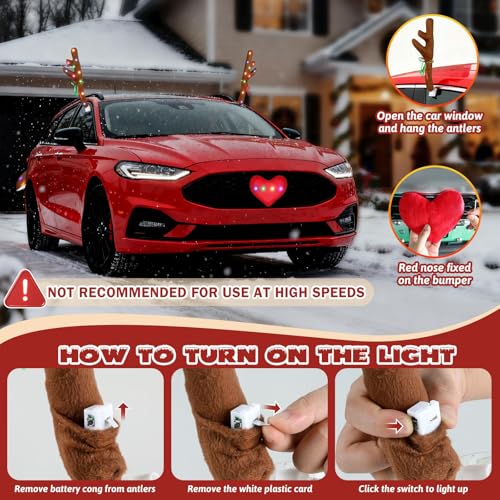 Car Decoration with LED Lights, Car Antlers, Window Sticker, Jingle Bells, Rudolph Nose - Car Reindeer Auto Holiday Accessories Decoration Kit Z459298
