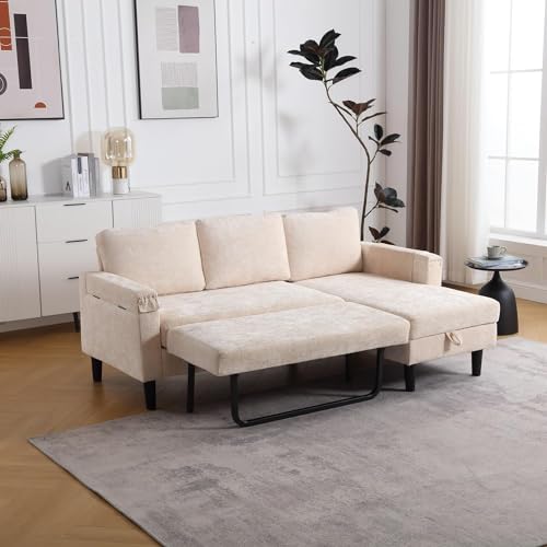 Beige L Shape Chenille Pull Out Sofa Bed Y304