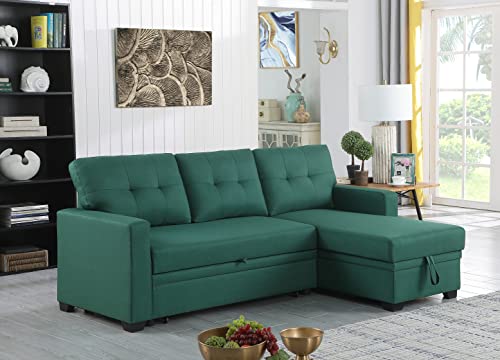 L-Shape Green Linen Sofa with Storage Chaise and Pull-Out Bed P660491