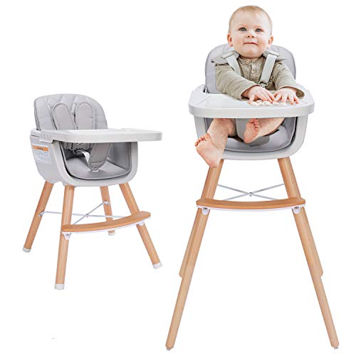 Gray Convertible Wooden High Chair with Adjustable Legs & Dishwasher Safe Tray W199068