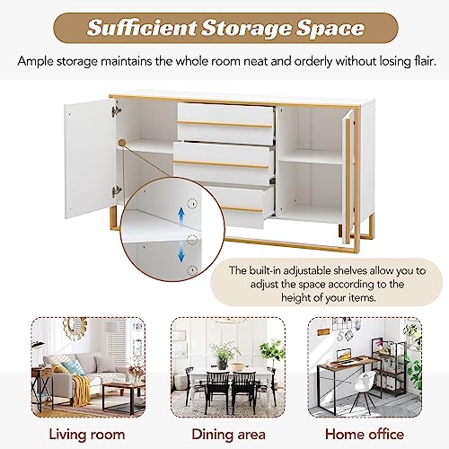 White and Gold Buffet Table with 3 Drawers 2 Doors B10814