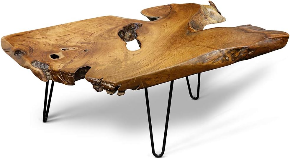 Natural Wood Edge Teak Coffee Table with Clear Lacquer Finish and Metal Hairpin Legs D502538