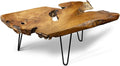 Natural Wood Edge Teak Coffee Table with Clear Lacquer Finish and Metal Hairpin Legs D502538