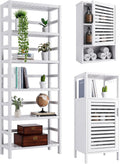White Freestanding Bamboo Floor Cabinet with Adjustable Shelves and 4 Hooks K869243