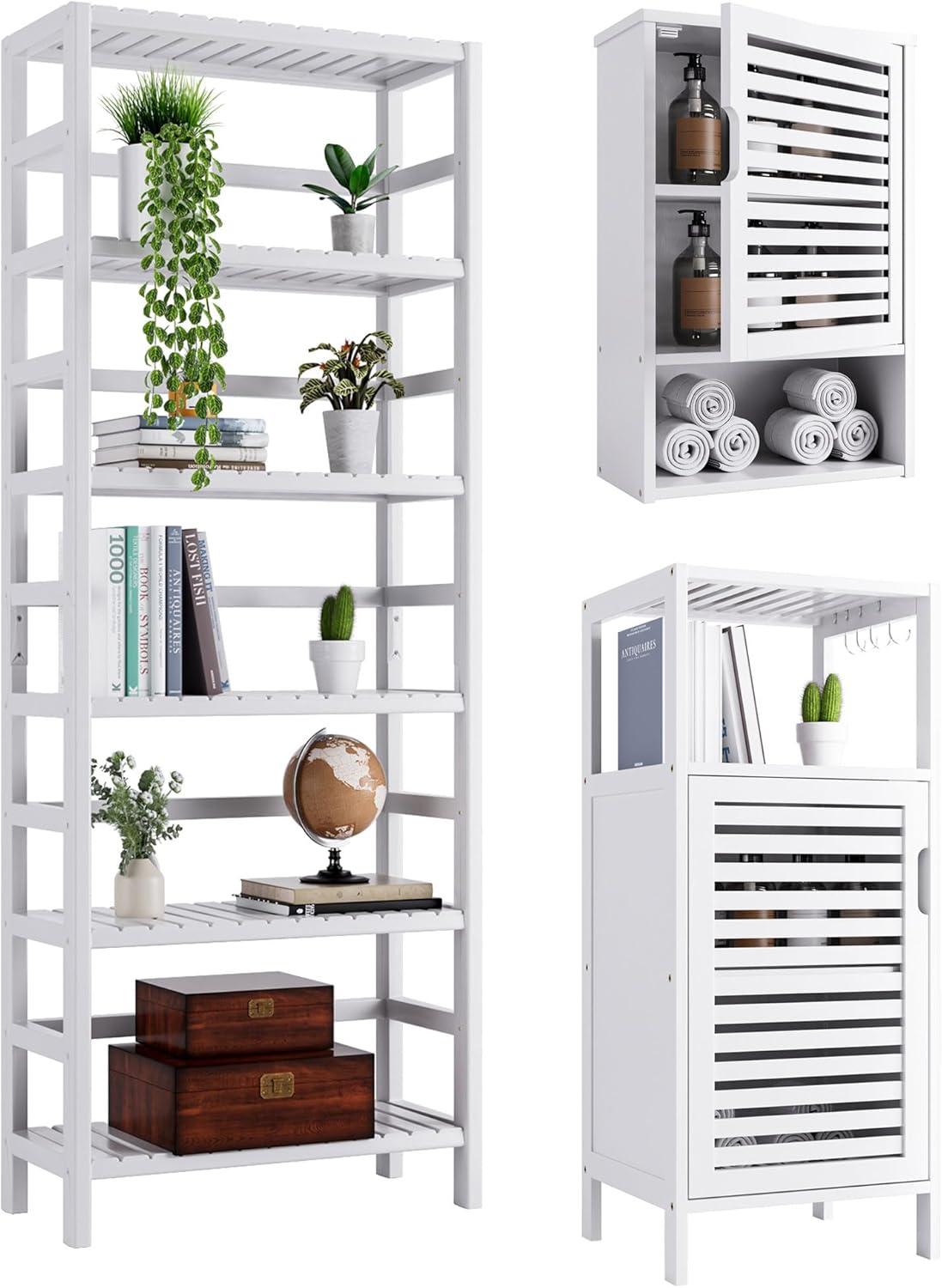 White Freestanding Bamboo Floor Cabinet with Adjustable Shelves and 4 Hooks K869243