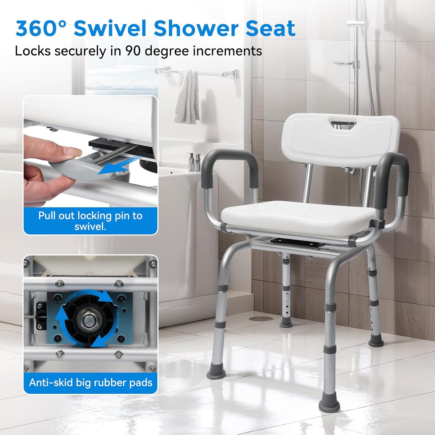 360° Swivel Non-Slip Shower Chair with Arms and Back E76540