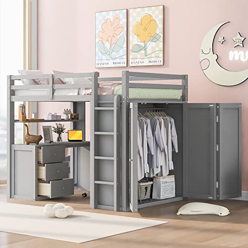 Full Size Solid Wood Loft Bed with Desk and Wardrobe S609