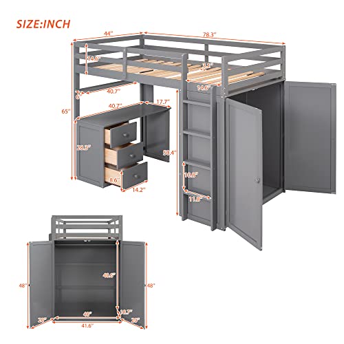 Full Size Solid Wood Loft Bed with Desk and Wardrobe S609