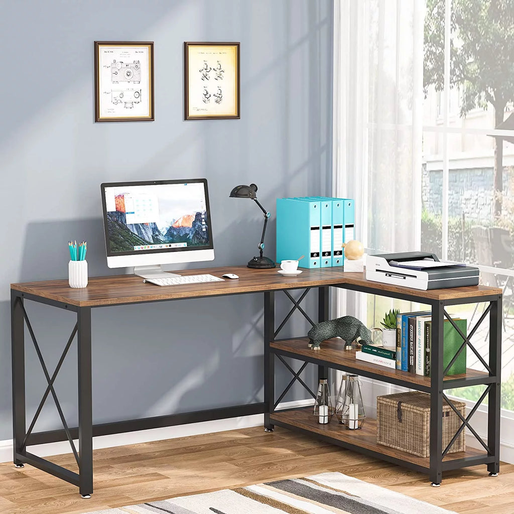 Reversible Industrial L-Shaped Desk with Storage Shelves, Corner Computer Desk (Brown, 59") J136747