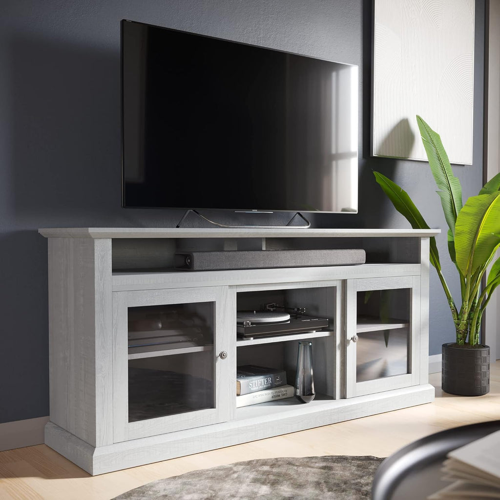 Gray Wash Electric Fireplace TV Stand with Open Storage Shelves & Cabinets H67177