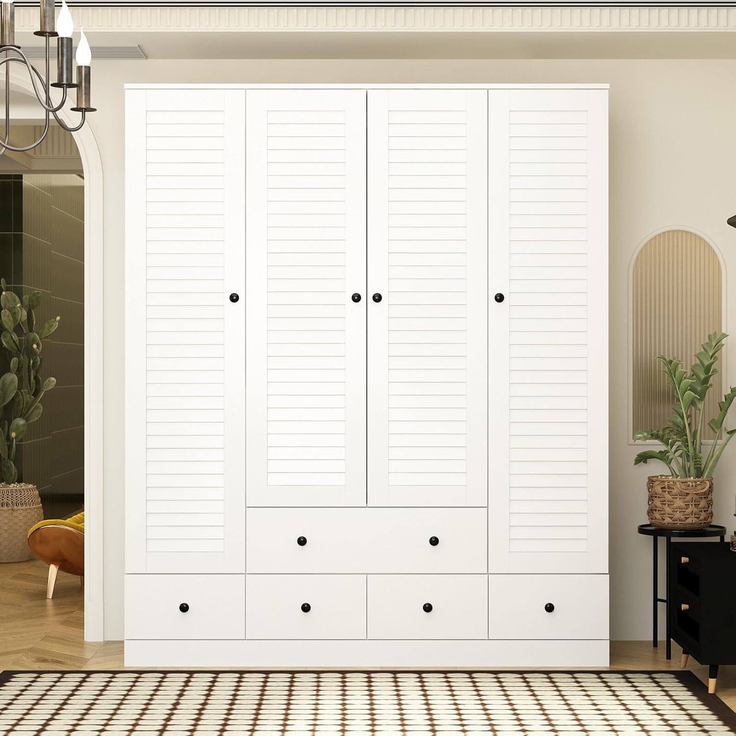 Rustic White Slat Door Wardrobe with 5 Drawers and 4 Doors G809