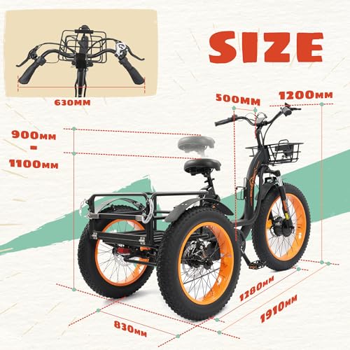 Electric Tricycle, Fat Tire 750W 48V 22.4AH Removable Battery, 7 Speeds 3 Wheel Electric Trike with Basket X3905
