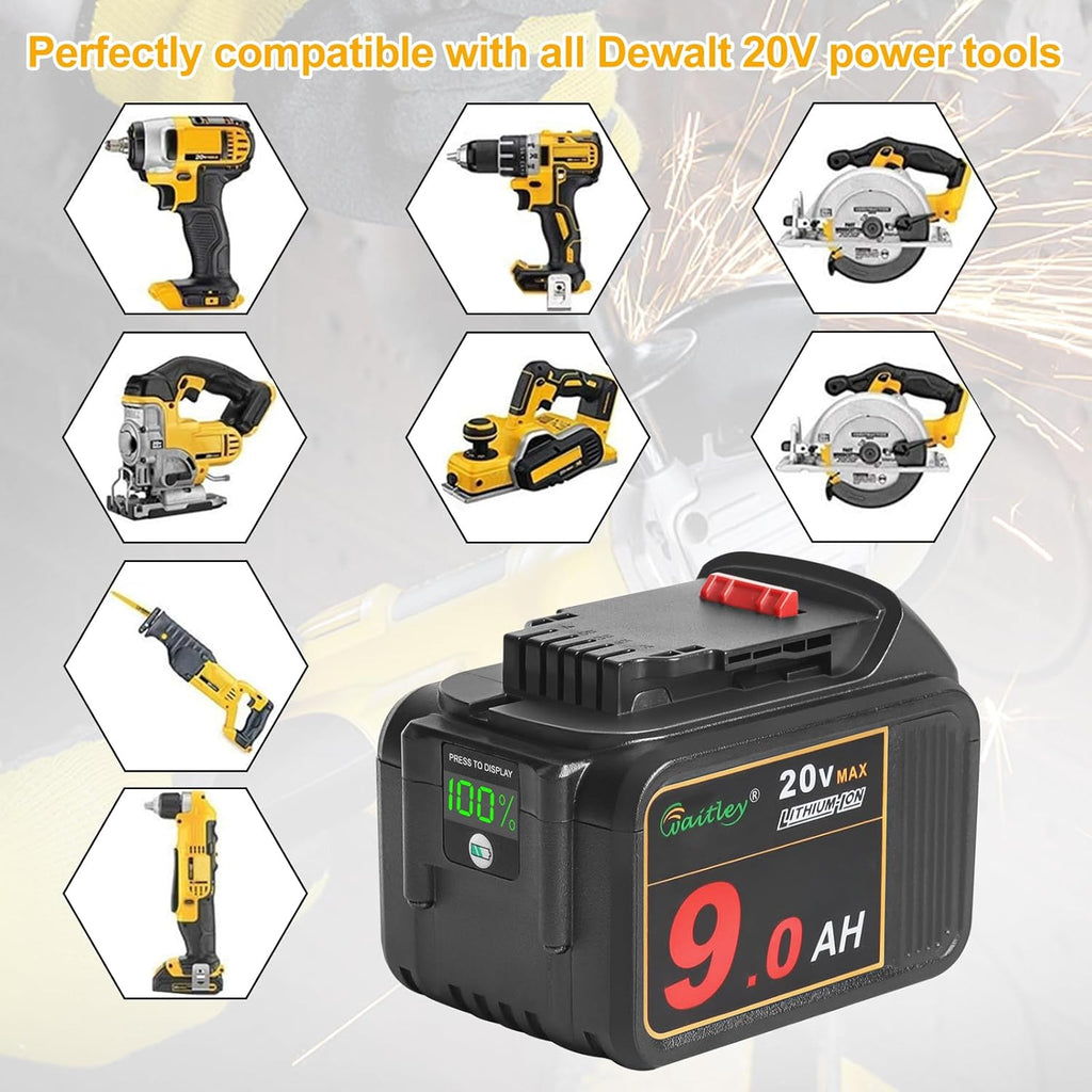 2 Pack 20V 9.0Ah Replacement Battery for Cordless Power Tools with LED Indicator T12280