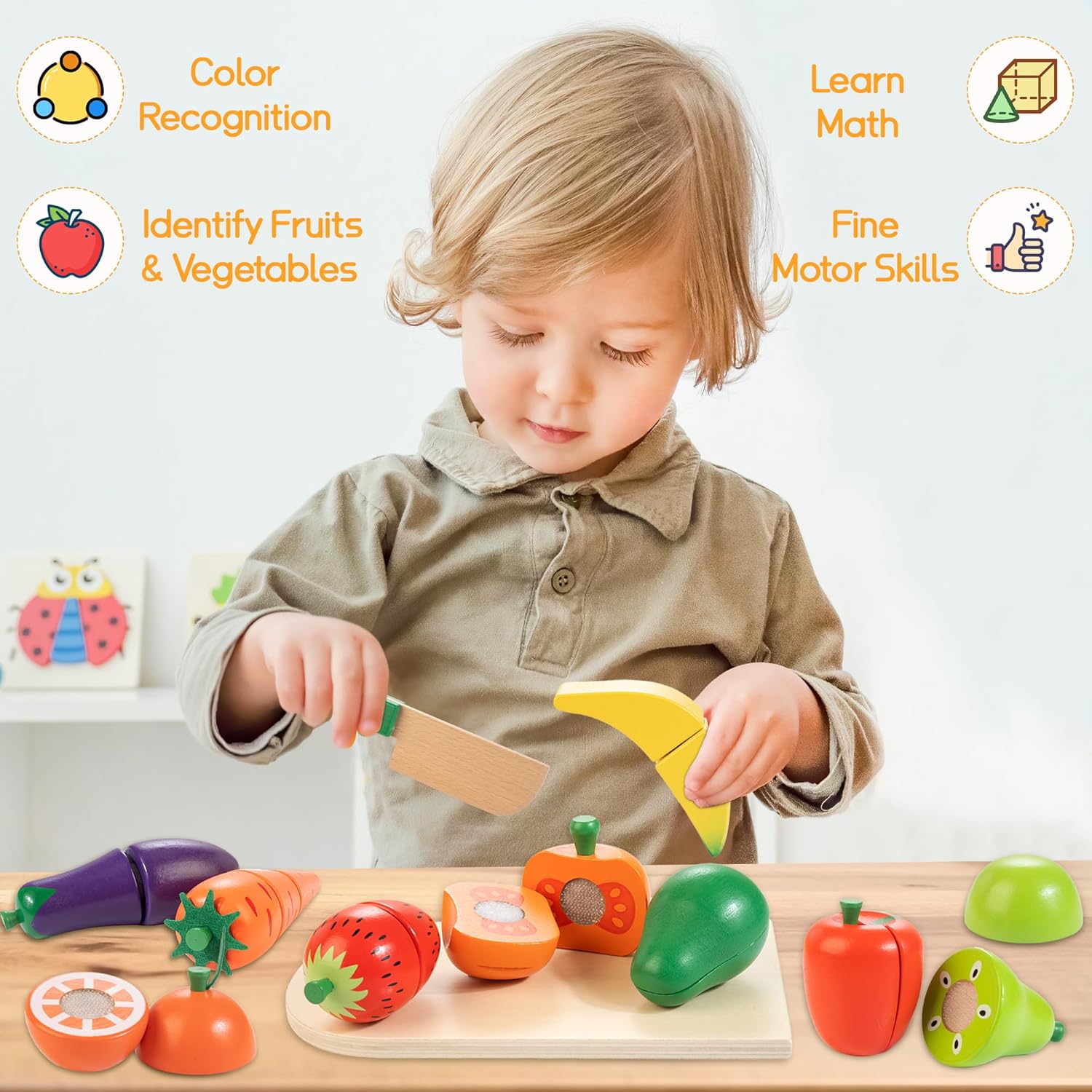 Velcro Fruit and Veggies Cutting Set Wooden Play Food S328