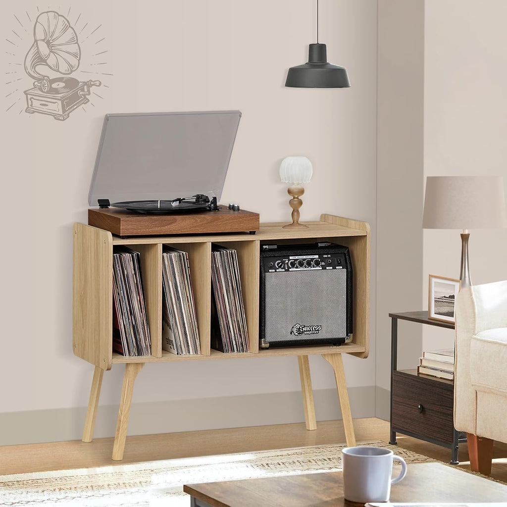 Record Player Stand with 4 Cabinet, Beech Wood Legs, Natural Vinyl Holder Storage Shelf I607278