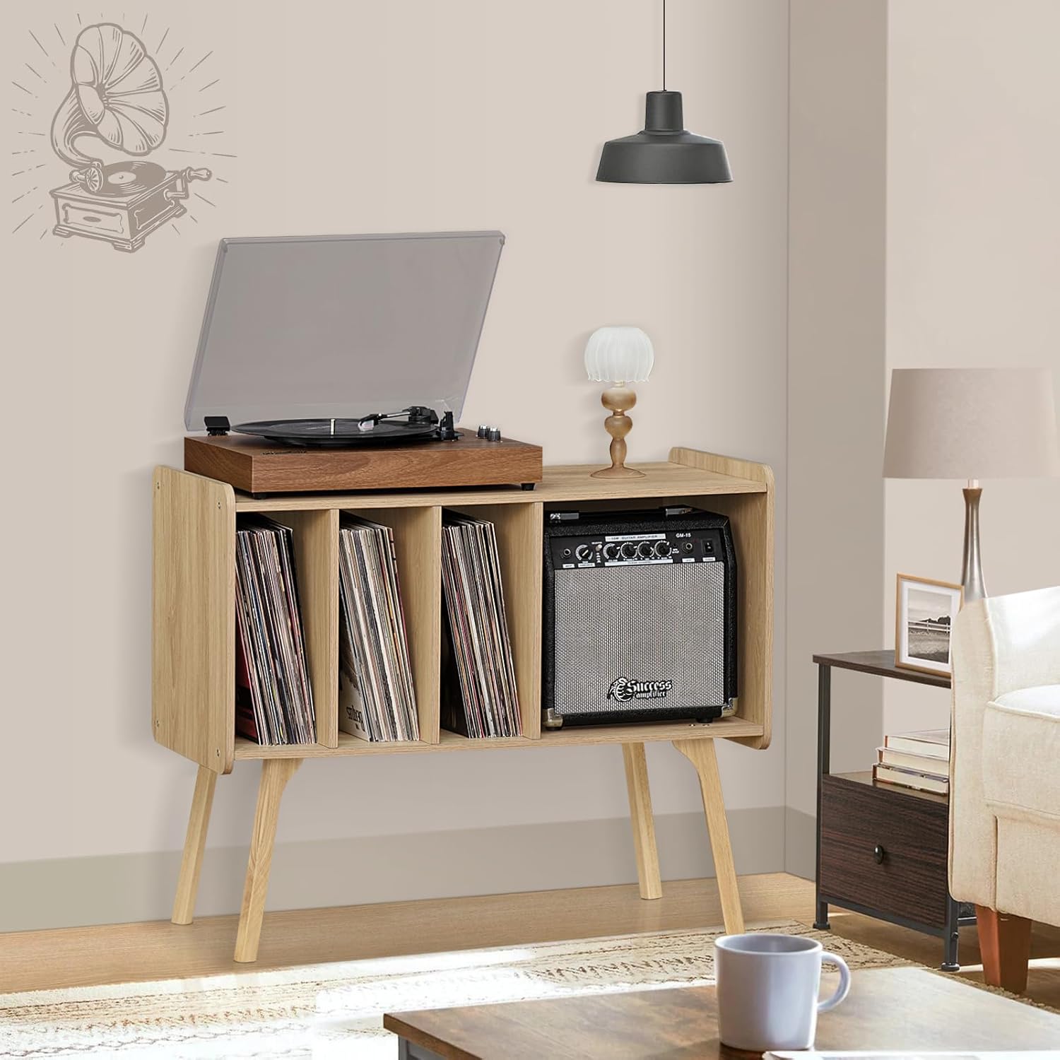 Record Player Stand with 4 Cabinet, Beech Wood Legs, Natural Vinyl Holder Storage Shelf I607278