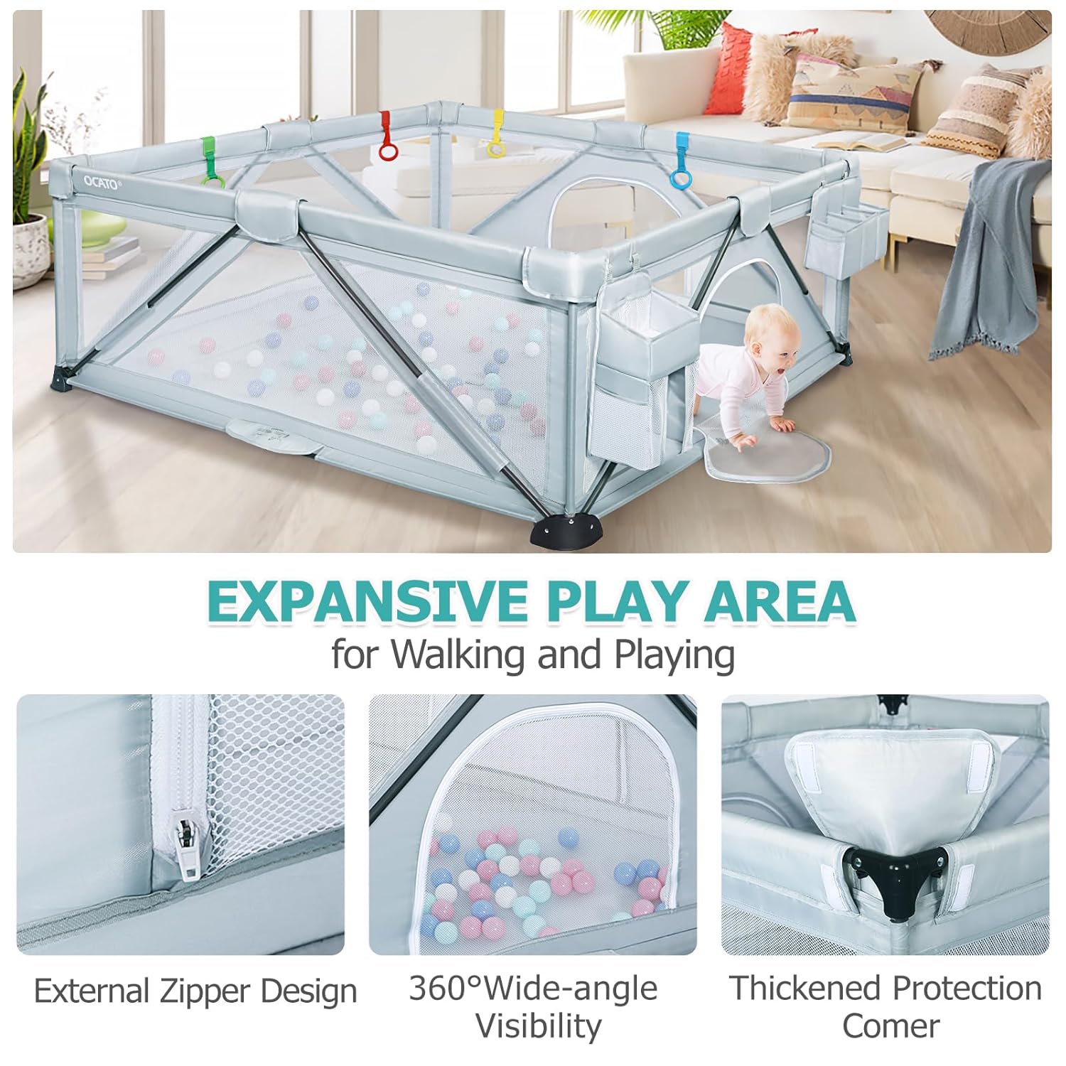 Foldable Large Play Pen with 2 Storage Bags 4 Handlers 50 Balls (71" × 59") C608246