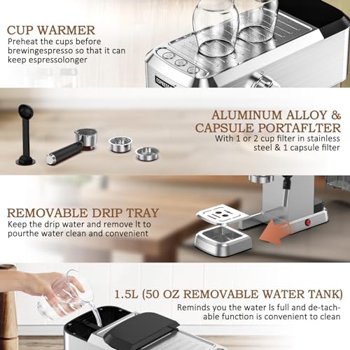 Compact Stainless Steel Espresso Machine with 50oz Water Tank Y8546