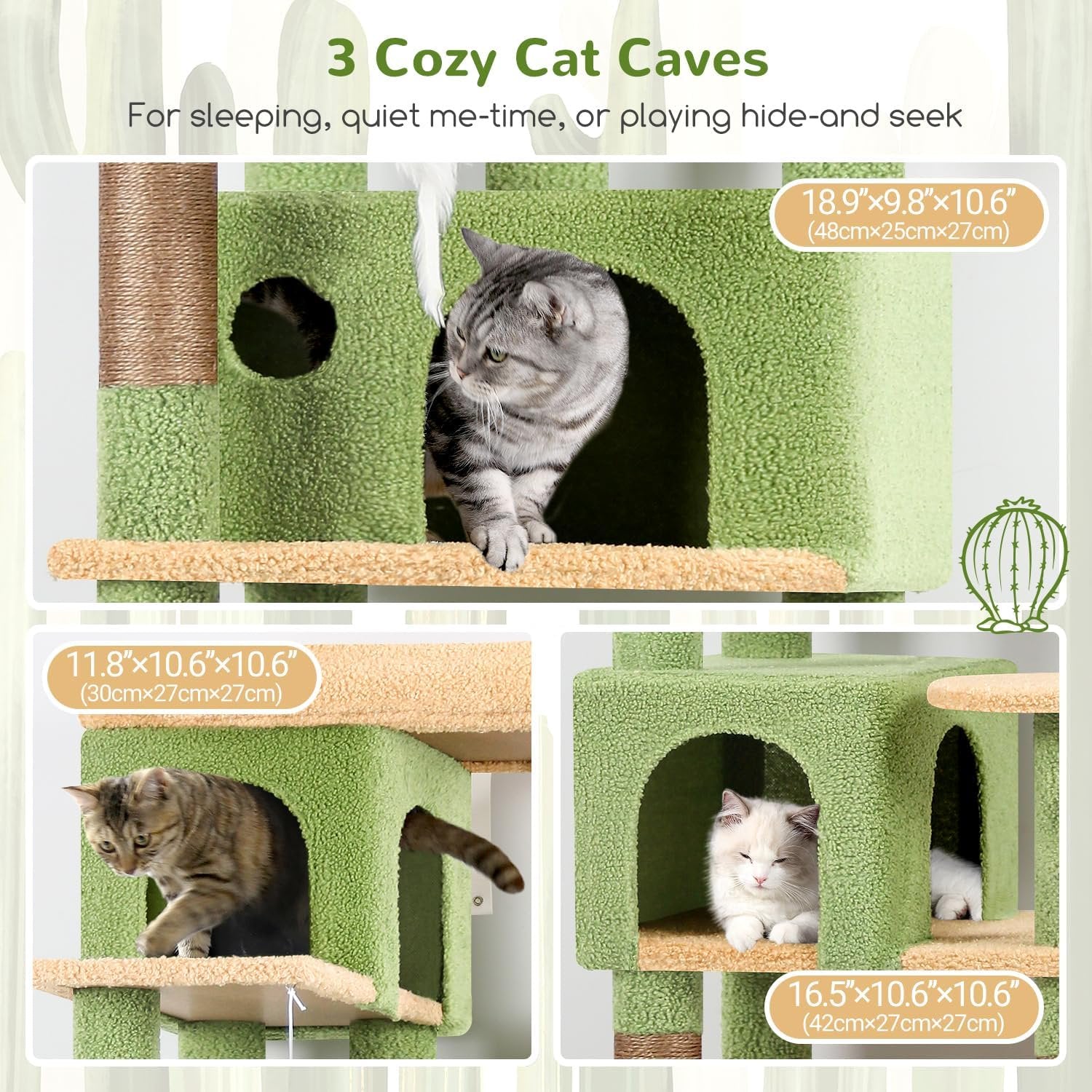 66 inch Multi-Level Cactus Climbing Tower Kitty Condo with Large Platform, 3 Caves A624573