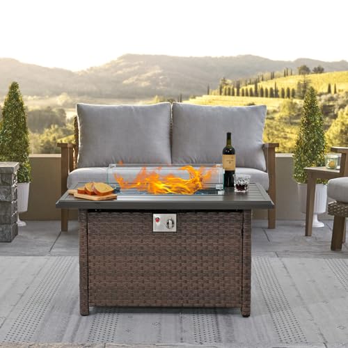 43 Inch Wicker Propane Fire Pit Table with Aluminum Tabletop, Taupe Rattan O7562