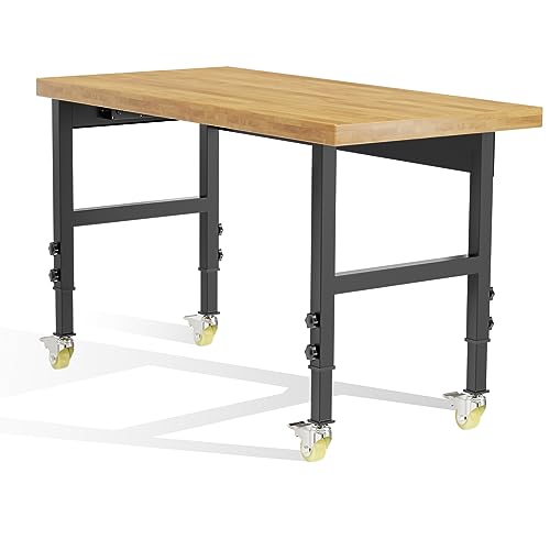 60” Solid Wood Work Bench with Wheels, Adjustable Height, 3000 Lbs Capacity K256171