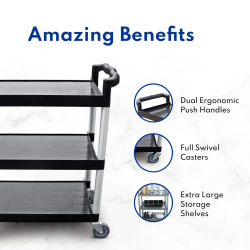 250-Pound Plastic 3-Tier Utility Bus Cart with Locking Casters, Black C822
