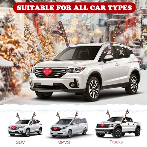 Car Decoration with LED Lights, Car Antlers, Window Sticker, Jingle Bells, Rudolph Nose - Car Reindeer Auto Holiday Accessories Decoration Kit Z459298