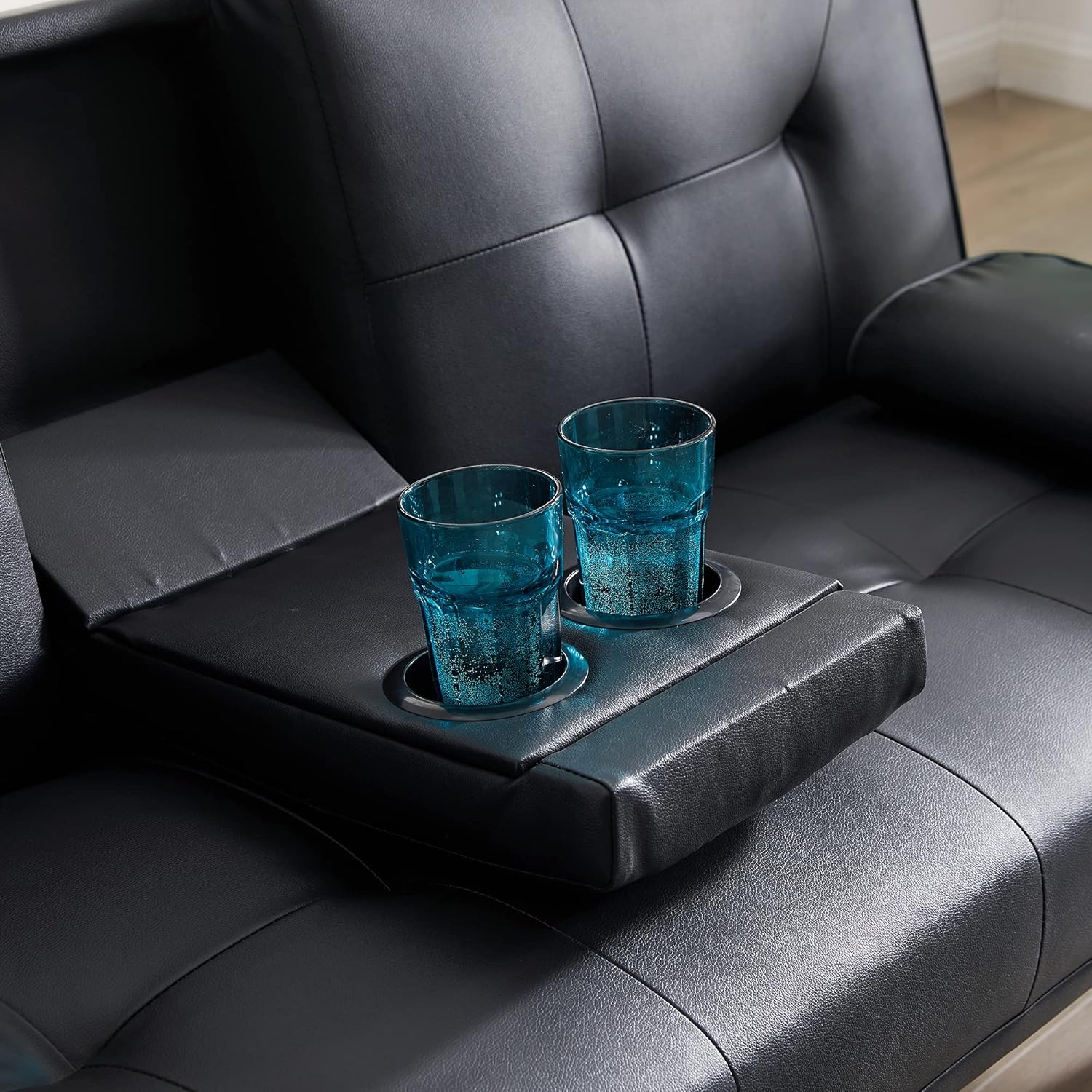 Black Faux Leather Loveseat Sofa Bed with Cup Holders H32808