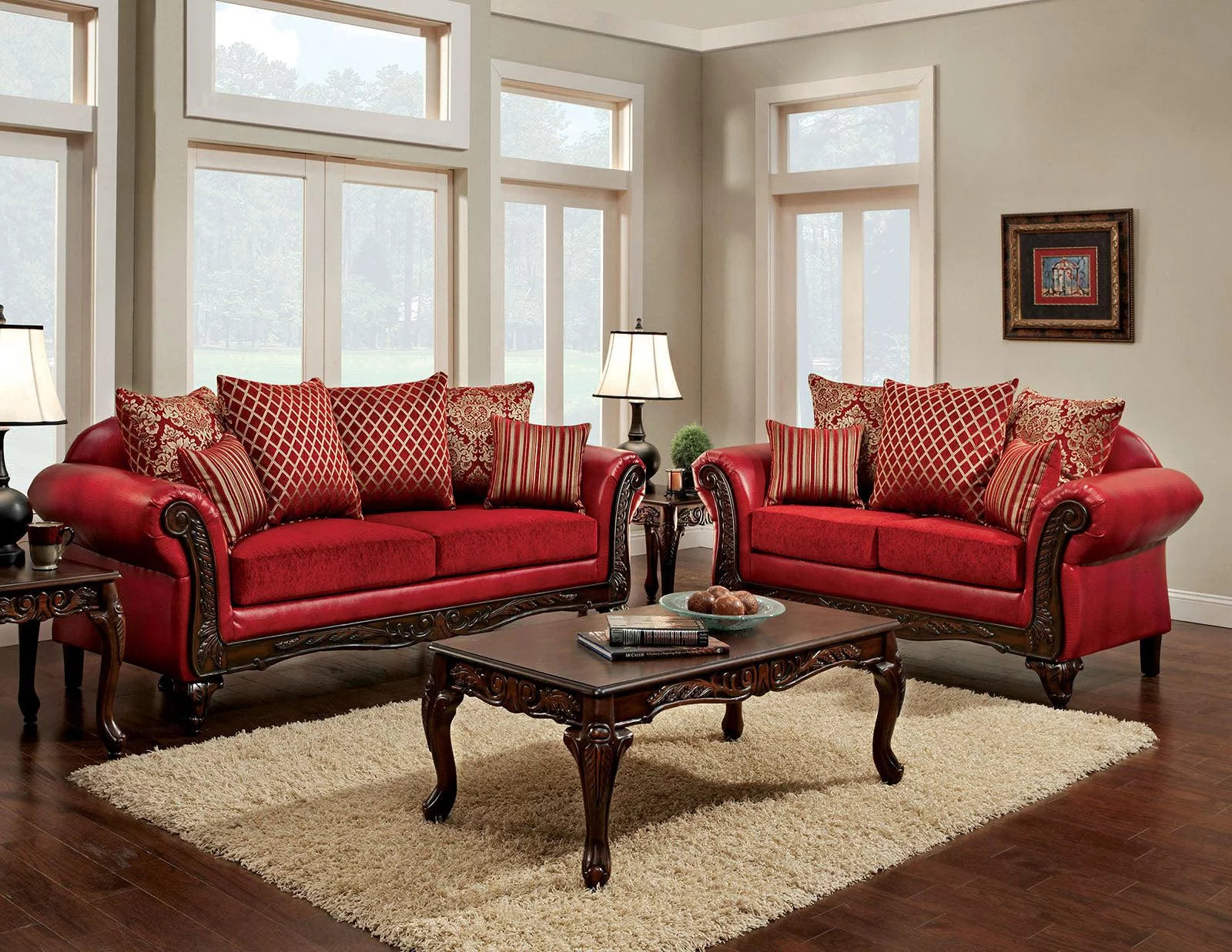 Red Leatherette Sofa and Loveseat P640