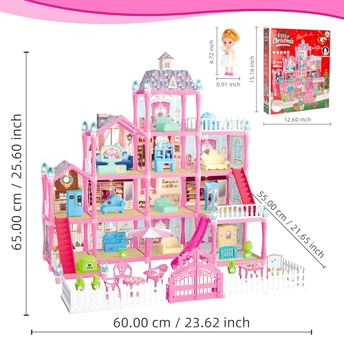 13 Rooms Dollhouse with Dolls Figures, Lights, Puppies, Furnitures, Accessories (Pink) G51832