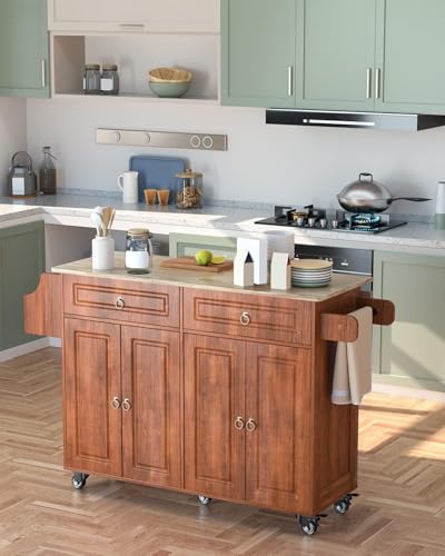 Brown Kitchen Island with Drop Leaf Storage on Wheels U33727
