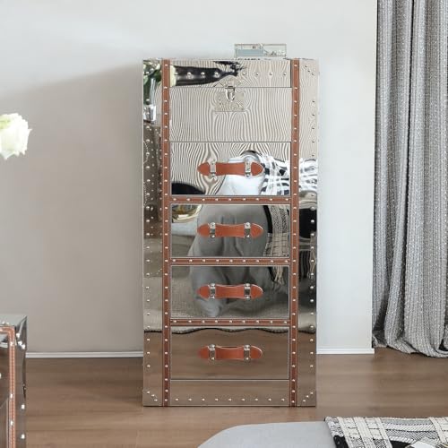 5 Drawers Tall Dresser with Flip Top Mirror Metal Clad Antique Chest I409