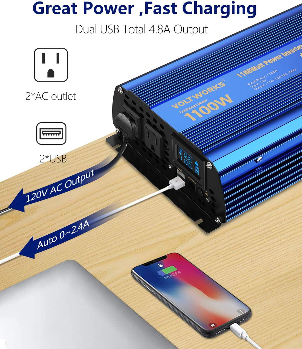 2000w DC 12V to AC 120V Modified Sine Wave Inverter with LCD Display Remote Control and 3AC Outlets Dual 2.4A USB Ports X4782