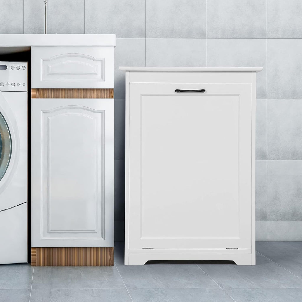 White Wooden Tilt Out Trash Cabinet, Holds 13 Gallons U562537