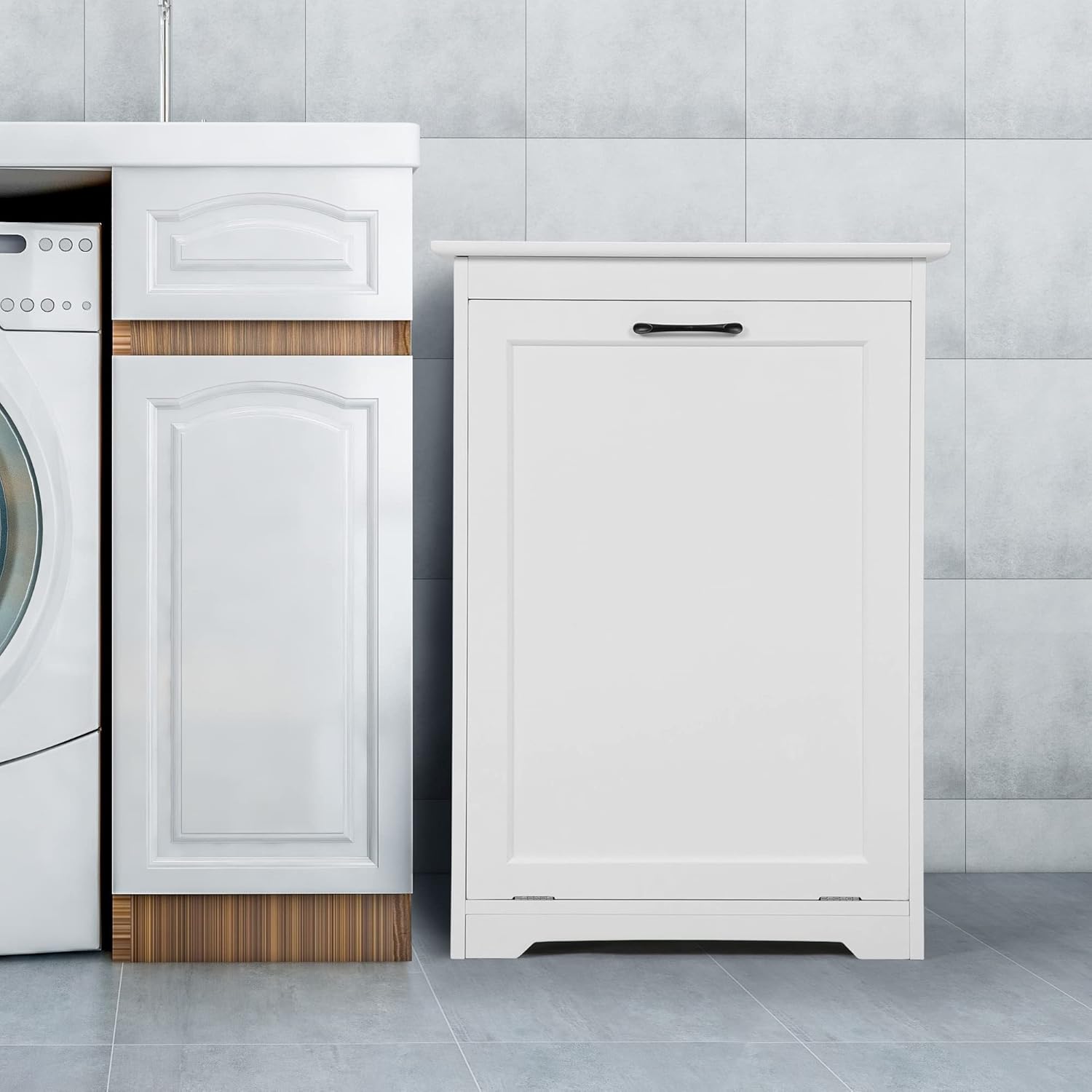 White Wooden Tilt Out Trash Cabinet, Holds 13 Gallons U562537