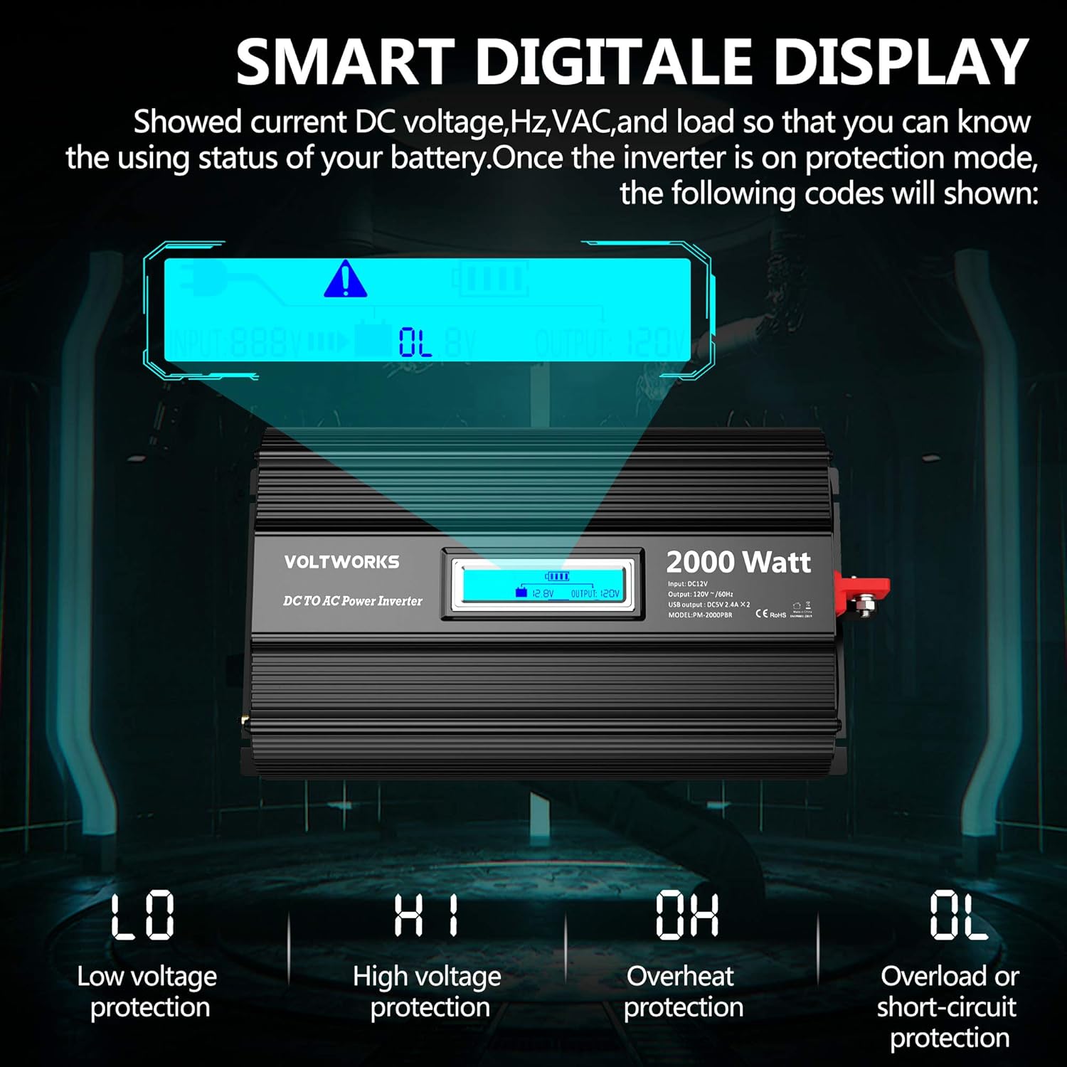 2000w DC 12V to AC 120V Modified Sine Wave Inverter with LCD Display Remote Control and 3AC Outlets Dual 2.4A USB Ports X4782