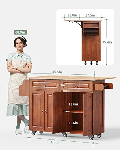 Brown Kitchen Island with Drop Leaf Storage on Wheels U33727
