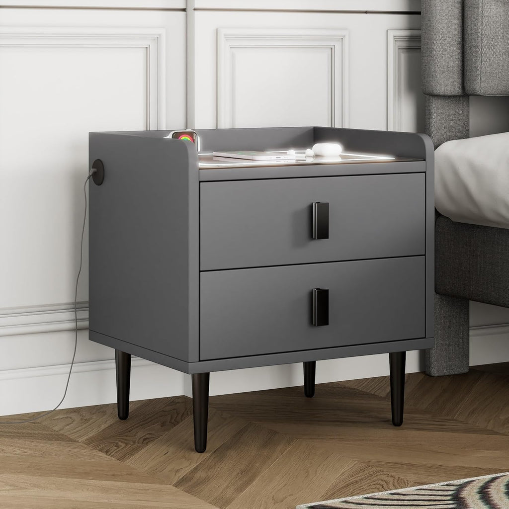 1 Pack Nightstand with Wireless Charging Station and LED Lights Grey W79740