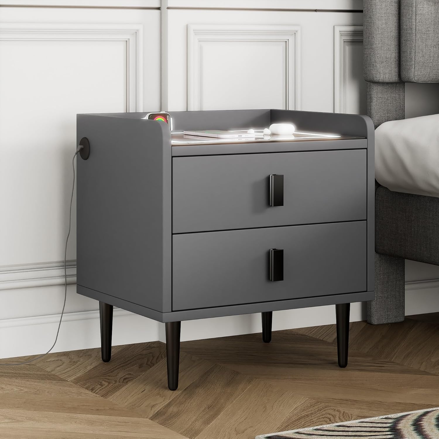 1 Pack Nightstand with Wireless Charging Station and LED Lights Grey W79740
