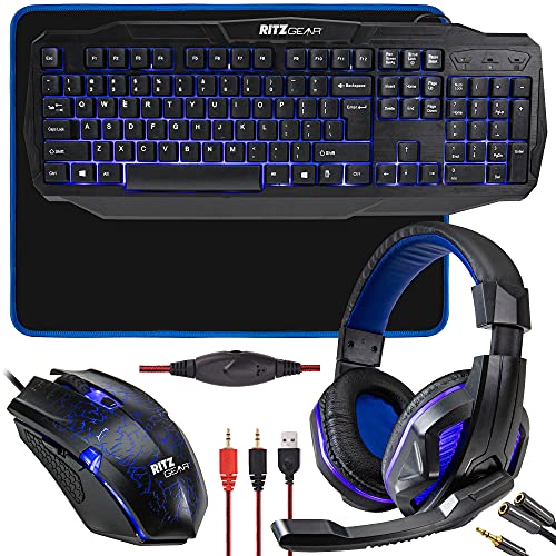RGB Gaming Accessories Kit 4-in-1 Rainbow LED Backlight Bundle with Multimedia Keyboard, Optical Mouse, Mouse Pad & Headset Y546