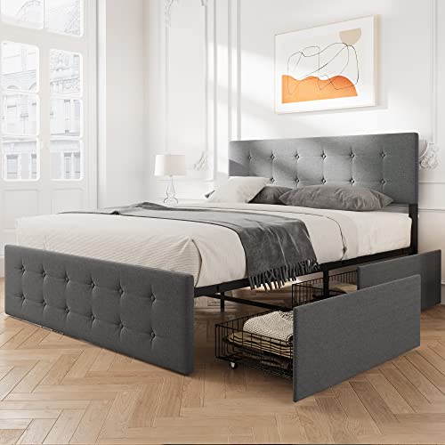 Grey Queen Size Upholstered Platform Bed Frame with 4 Storage Drawers P49629