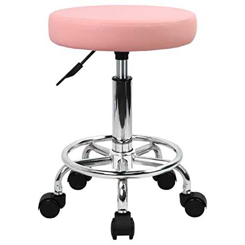 Pink PU Leather Rolling Stool with Foot Rest F7244