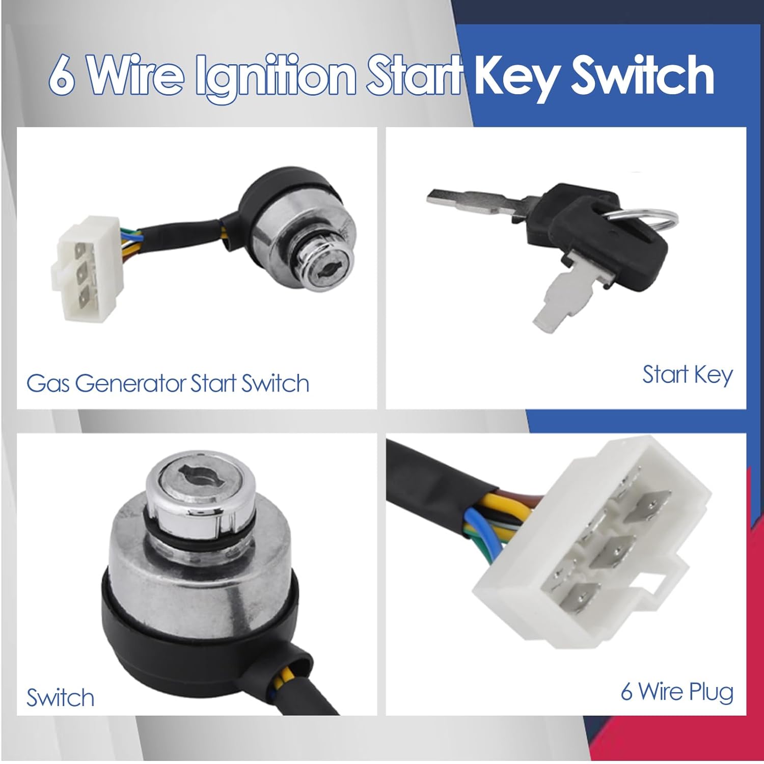 6 Wire Ignition Start Key Switch for 2.5-6.5KW 188F Gas Generator with 2 Key B158