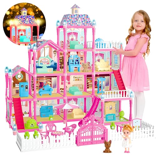 13 Rooms Dollhouse with Dolls Figures, Lights, Puppies, Furnitures, Accessories (Pink) G51832