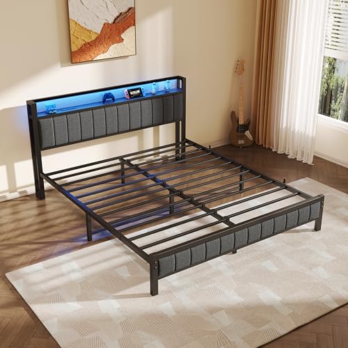 Gray Queen Size Metal Platform Bed Frame with Storage Headboard J362
