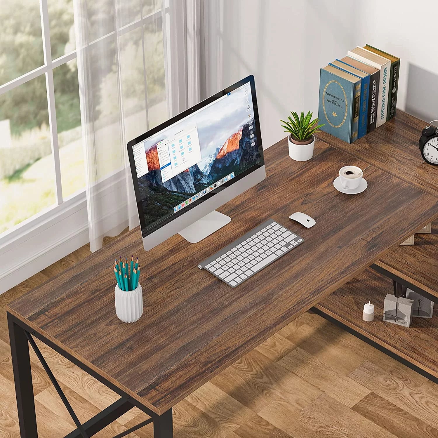 Reversible Industrial L-Shaped Desk with Storage Shelves, Corner Computer Desk (Brown, 59") J136747