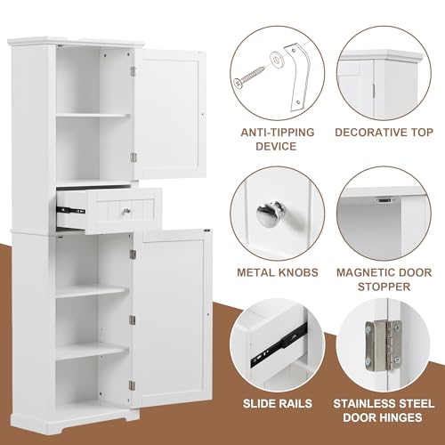 White Tall Bathroom Storage Cabinet with Drawer and Adjustable Shelf A9427