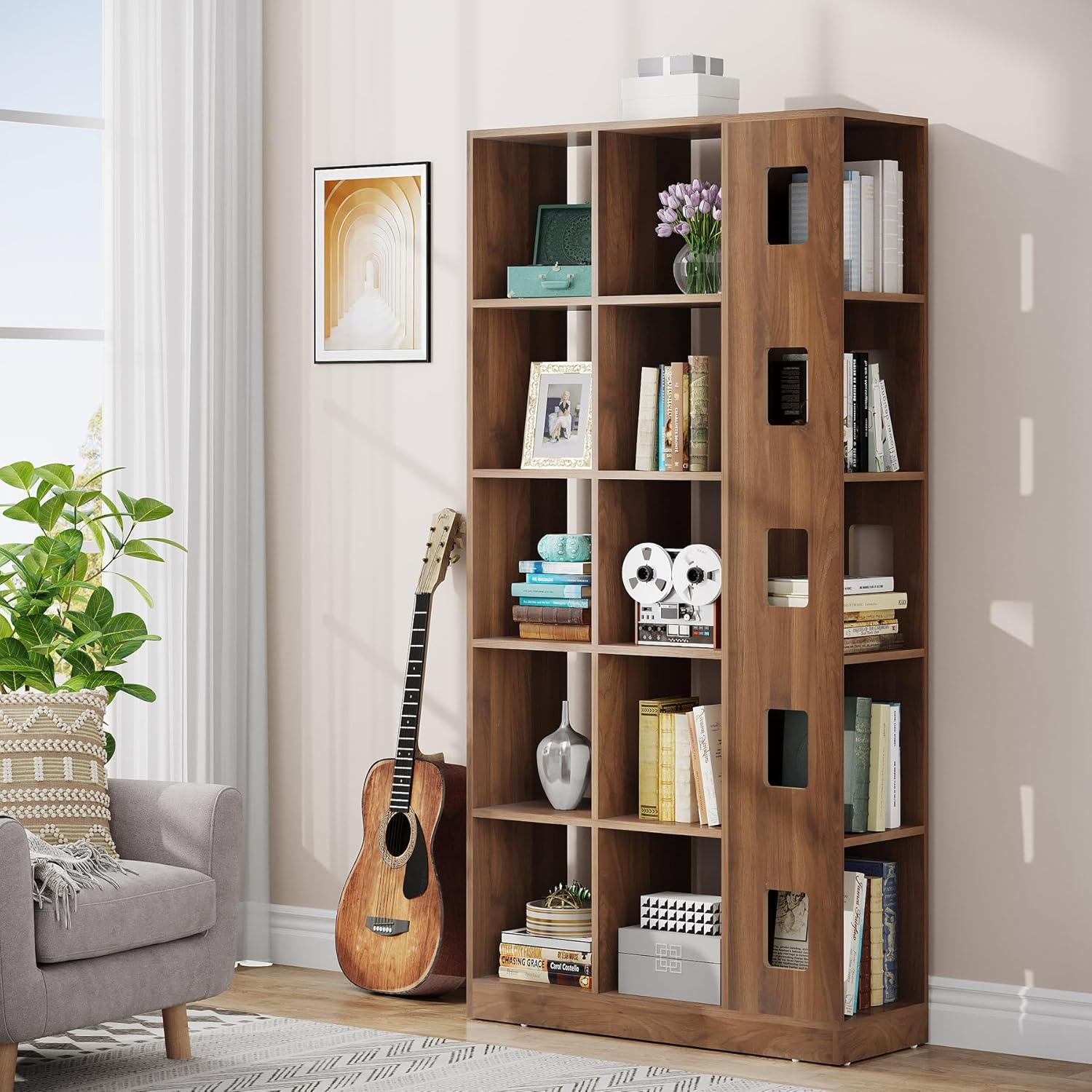 15 Cube 5 Tier Wooden Open Bookshelf (Brown) N385799